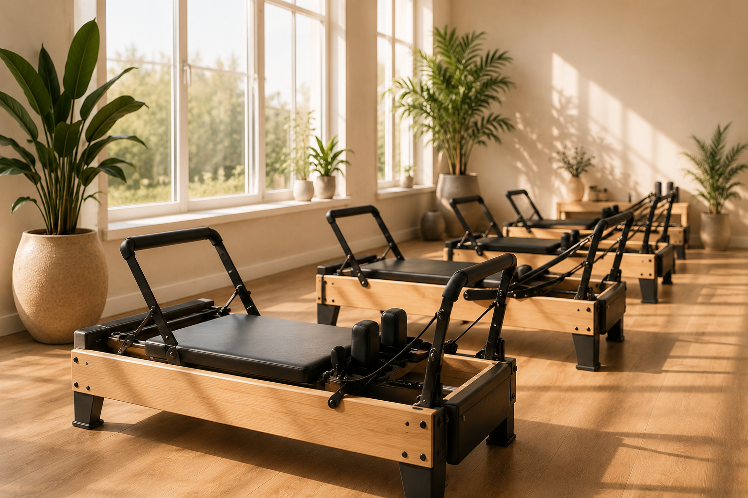 Sala del estudio preparada para una clase de Pilates con máquinas
